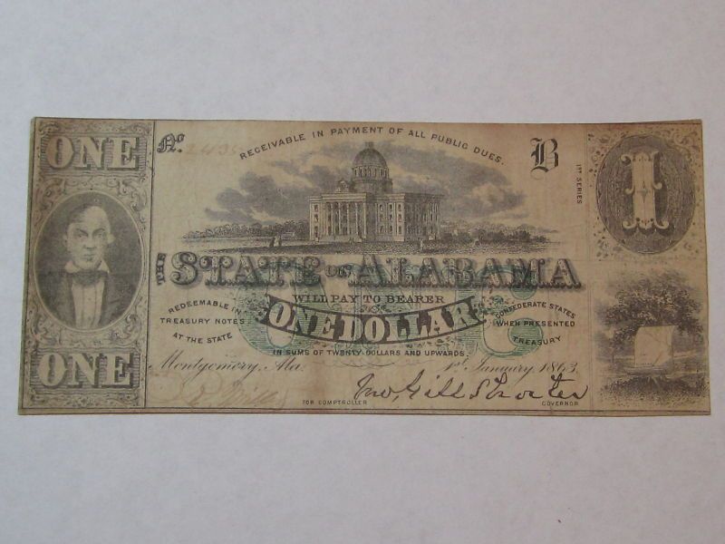 State of Alabama One Dollar Confederate Note, 1863, $1  