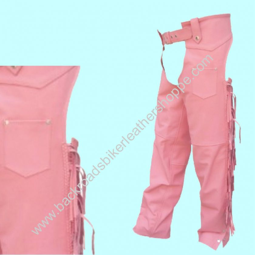   WOMENS PINK LEATHER MOTORCYCLE CHAPS W/ FRINGE SIZES 2XS 3XL  