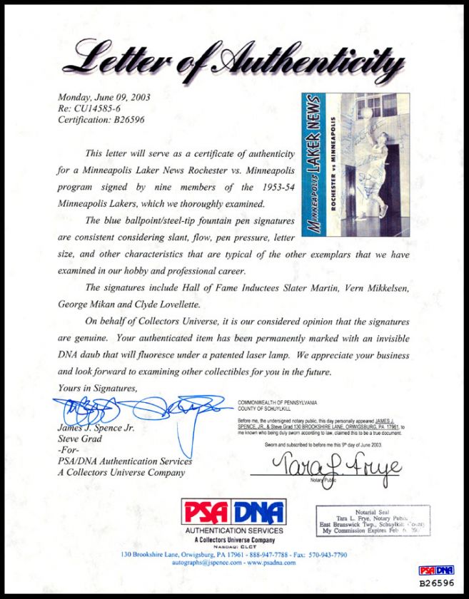 1953 54 Minneapolis Lakers Autographed Program PSA/DNA  