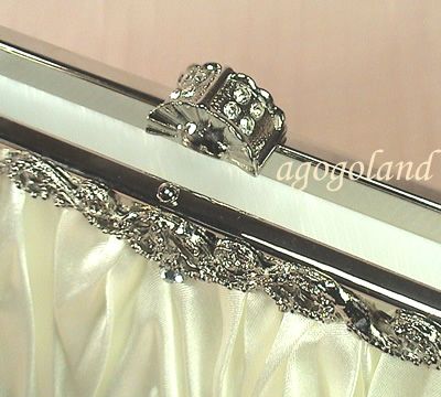 Ivory Satin Wedding Purse   Elegant Crystal Fancy Clasp Clutch Handbag 