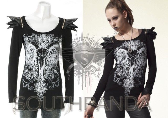 SC259 Black Skull Wings Zip Punk Rock Style T Shirt Top  