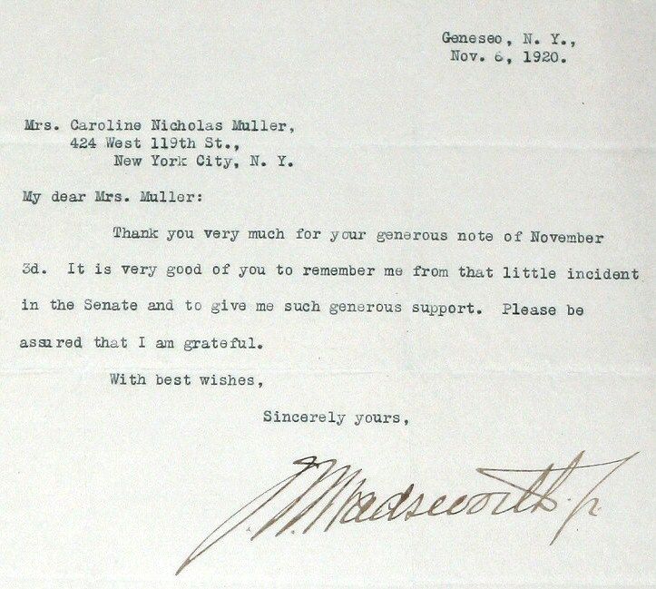 1920 Signed Letter Senator James Wadsworth Geneseo, NY  