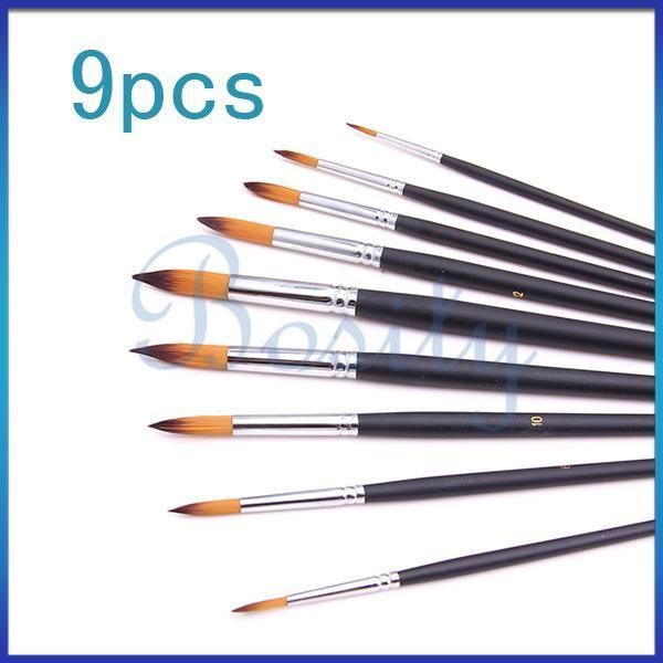 Artists Paint Brush Set Round Pointed Tip Nylon Hair Watercolor 